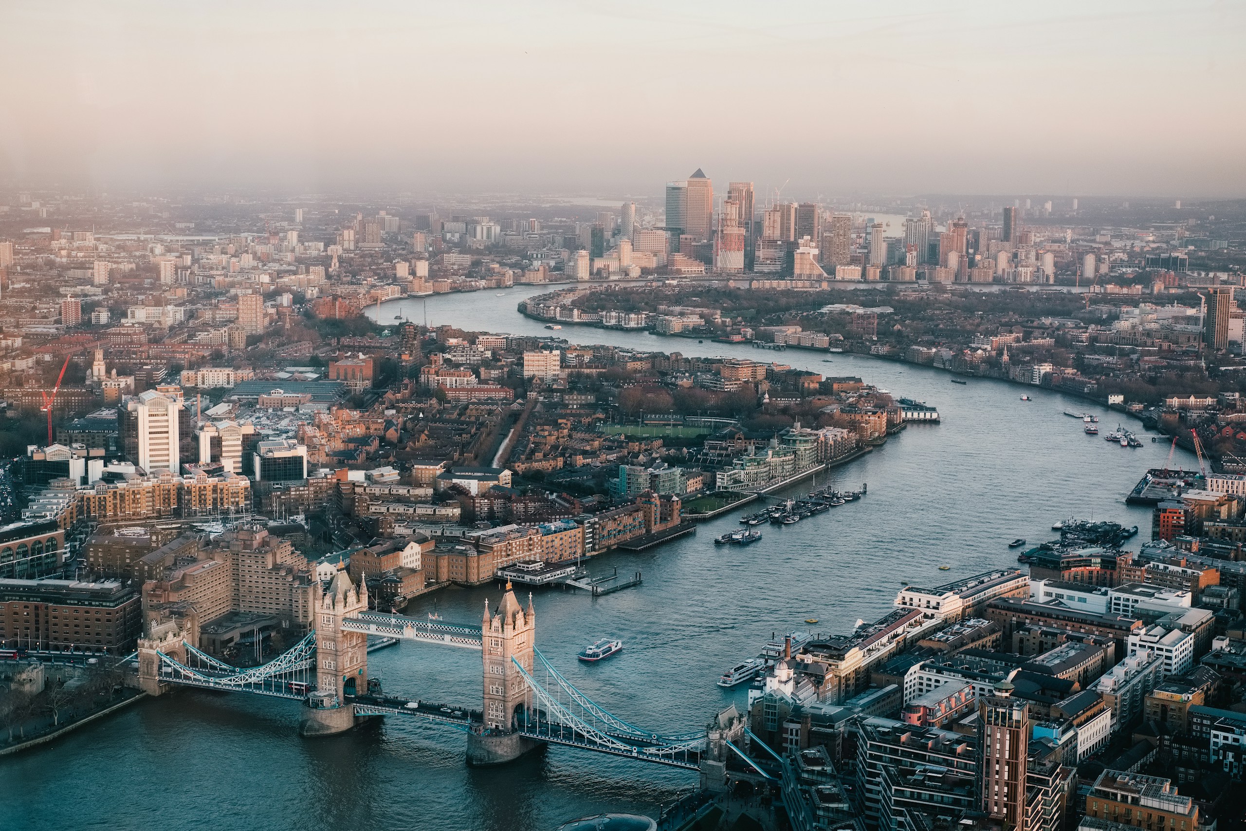 London aerial view Tower Bridge Thames golden hour