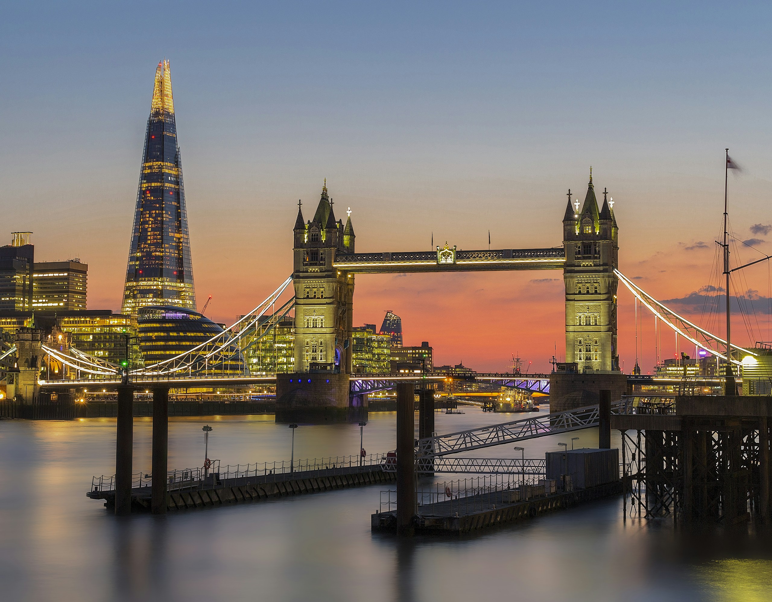 Tower Bridge and The Shard London twilight golden sky
